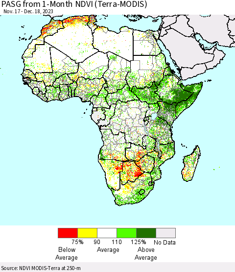 Africa PASG from 1-Month NDVI (Terra-MODIS) Thematic Map For 12/11/2023 - 12/18/2023