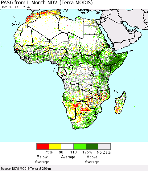 Africa PASG from 1-Month NDVI (Terra-MODIS) Thematic Map For 12/27/2023 - 1/3/2024