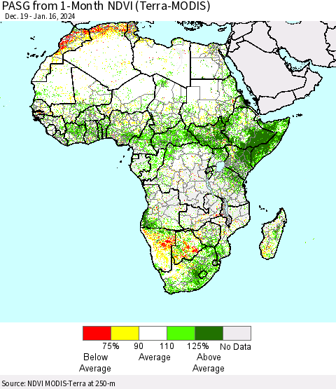Africa PASG from 1-Month NDVI (Terra-MODIS) Thematic Map For 1/9/2024 - 1/16/2024