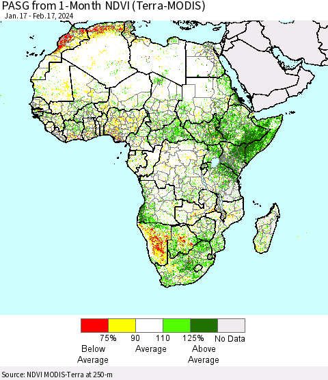 Africa PASG from 1-Month NDVI (Terra-MODIS) Thematic Map For 2/10/2024 - 2/17/2024