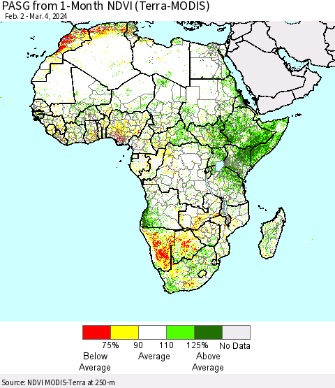 Africa PASG from 1-Month NDVI (Terra-MODIS) Thematic Map For 2/26/2024 - 3/4/2024