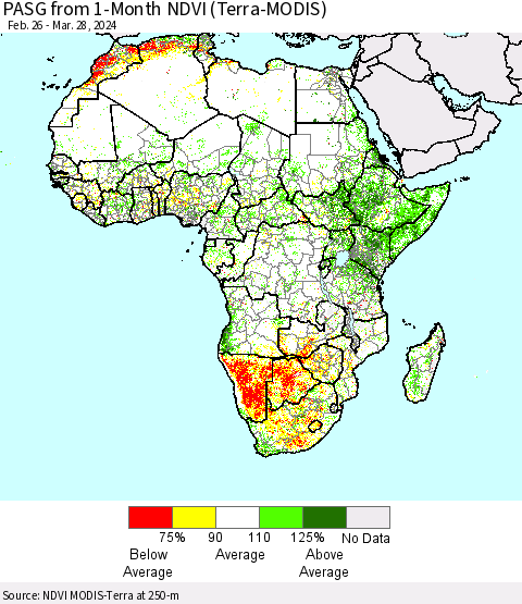 Africa PASG from 1-Month NDVI (Terra-MODIS) Thematic Map For 3/21/2024 - 3/28/2024