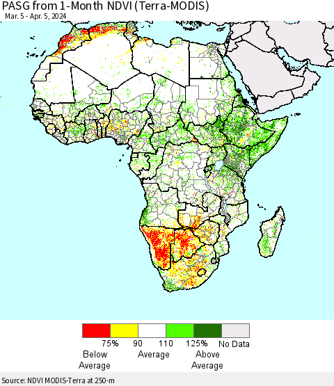 Africa PASG from 1-Month NDVI (Terra-MODIS) Thematic Map For 3/29/2024 - 4/5/2024
