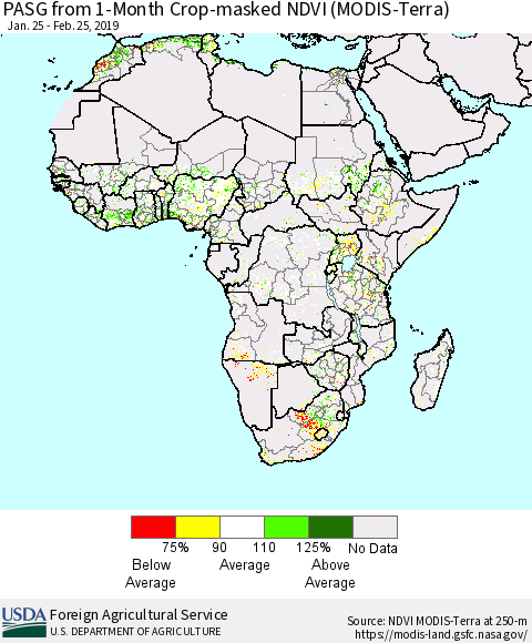 Africa PASG from 1-Month Cropland NDVI (Terra-MODIS) Thematic Map For 2/21/2019 - 2/28/2019