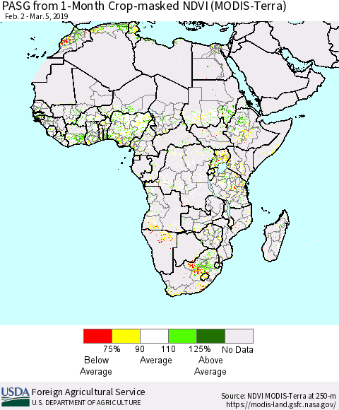 Africa PASG from 1-Month Cropland NDVI (Terra-MODIS) Thematic Map For 3/1/2019 - 3/10/2019