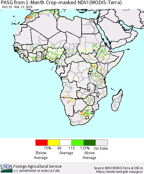 Africa PASG from 1-Month Cropland NDVI (Terra-MODIS) Thematic Map For 3/11/2019 - 3/20/2019