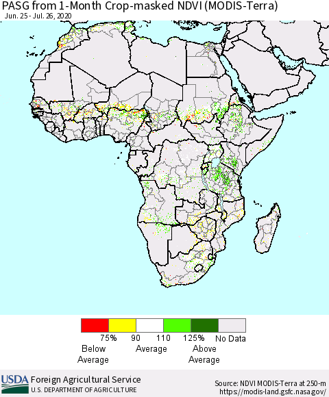 Africa PASG from 1-Month Cropland NDVI (Terra-MODIS) Thematic Map For 7/21/2020 - 7/31/2020