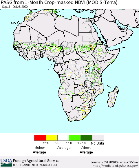 Africa PASG from 1-Month Cropland NDVI (Terra-MODIS) Thematic Map For 10/1/2020 - 10/10/2020