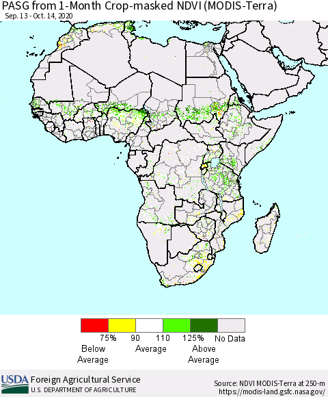 Africa PASG from 1-Month Cropland NDVI (Terra-MODIS) Thematic Map For 10/11/2020 - 10/20/2020
