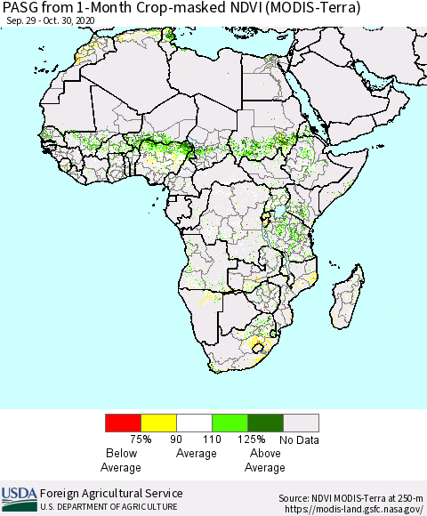 Africa PASG from 1-Month Cropland NDVI (Terra-MODIS) Thematic Map For 10/21/2020 - 10/31/2020