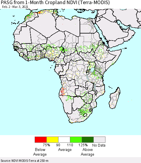 Africa PASG from 1-Month Cropland NDVI (Terra-MODIS) Thematic Map For 2/26/2021 - 3/5/2021
