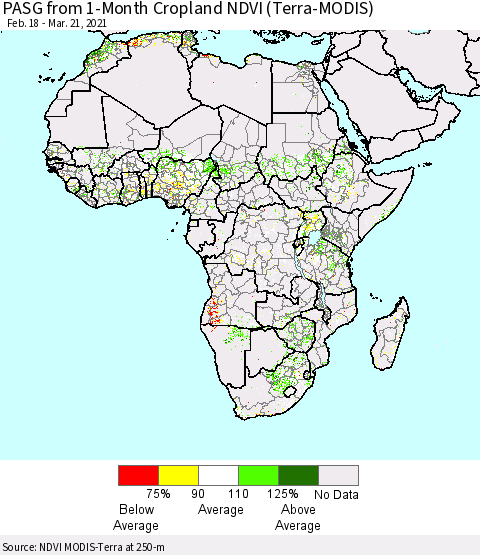 Africa PASG from 1-Month Cropland NDVI (Terra-MODIS) Thematic Map For 3/14/2021 - 3/21/2021