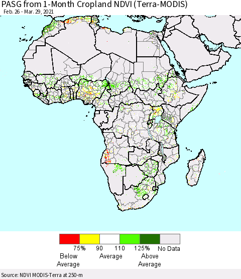 Africa PASG from 1-Month Cropland NDVI (Terra-MODIS) Thematic Map For 3/22/2021 - 3/29/2021