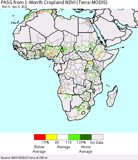 Africa PASG from 1-Month Cropland NDVI (Terra-MODIS) Thematic Map For 3/30/2021 - 4/6/2021