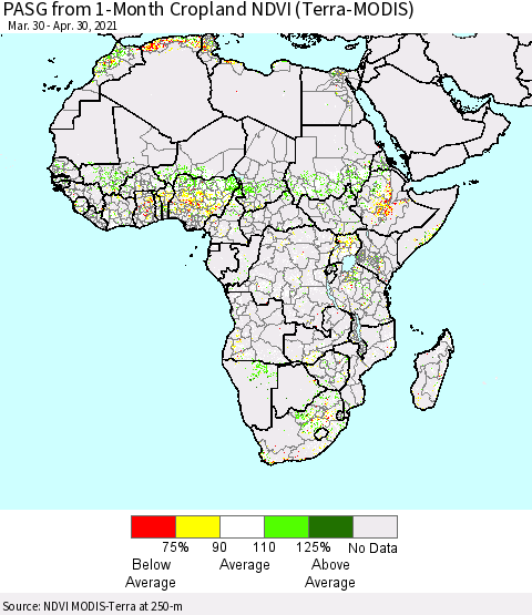 Africa PASG from 1-Month Cropland NDVI (Terra-MODIS) Thematic Map For 4/21/2021 - 4/30/2021
