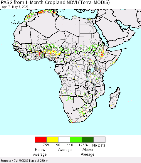 Africa PASG from 1-Month Cropland NDVI (Terra-MODIS) Thematic Map For 5/1/2021 - 5/8/2021