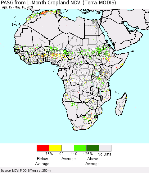 Africa PASG from 1-Month Cropland NDVI (Terra-MODIS) Thematic Map For 5/9/2021 - 5/16/2021