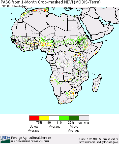 Africa PASG from 1-Month Cropland NDVI (Terra-MODIS) Thematic Map For 5/11/2021 - 5/20/2021