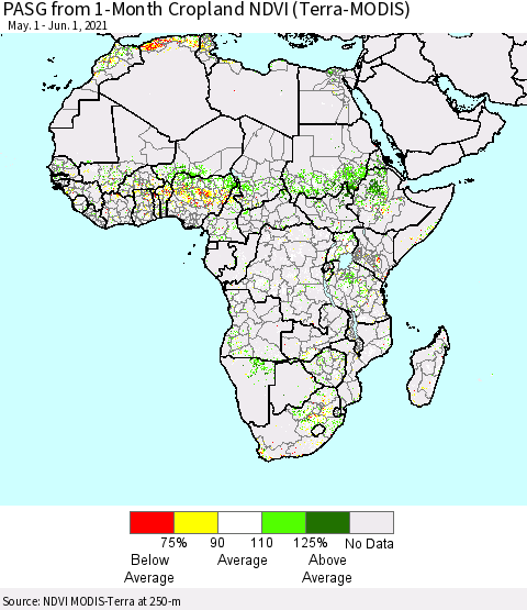 Africa PASG from 1-Month Cropland NDVI (Terra-MODIS) Thematic Map For 5/25/2021 - 6/1/2021