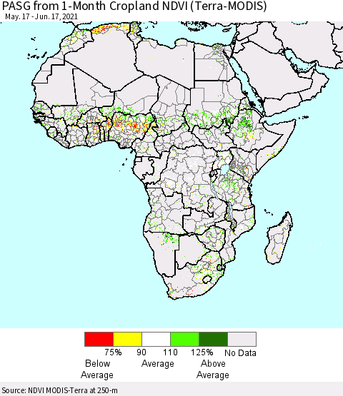 Africa PASG from 1-Month Cropland NDVI (Terra-MODIS) Thematic Map For 6/10/2021 - 6/17/2021