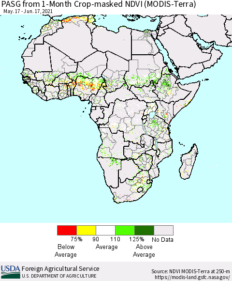 Africa PASG from 1-Month Cropland NDVI (Terra-MODIS) Thematic Map For 6/11/2021 - 6/20/2021