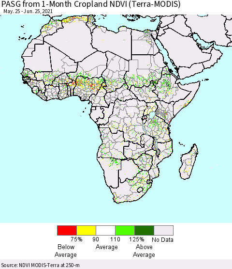 Africa PASG from 1-Month Cropland NDVI (Terra-MODIS) Thematic Map For 6/18/2021 - 6/25/2021