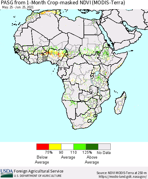 Africa PASG from 1-Month Cropland NDVI (Terra-MODIS) Thematic Map For 6/21/2021 - 6/30/2021