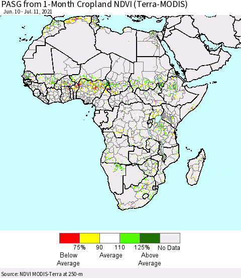 Africa PASG from 1-Month Cropland NDVI (Terra-MODIS) Thematic Map For 7/4/2021 - 7/11/2021