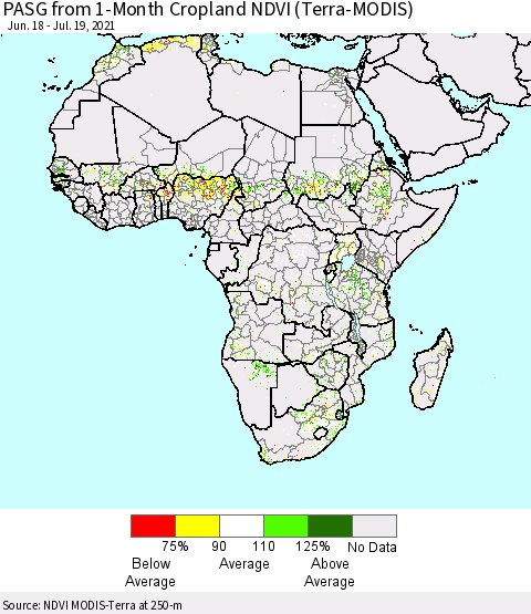 Africa PASG from 1-Month Cropland NDVI (Terra-MODIS) Thematic Map For 7/12/2021 - 7/19/2021