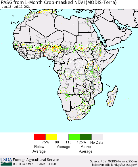 Africa PASG from 1-Month Cropland NDVI (Terra-MODIS) Thematic Map For 7/11/2021 - 7/20/2021