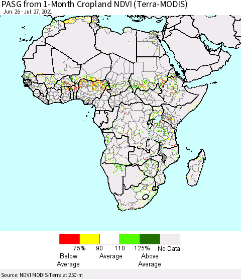 Africa PASG from 1-Month Cropland NDVI (Terra-MODIS) Thematic Map For 7/20/2021 - 7/27/2021