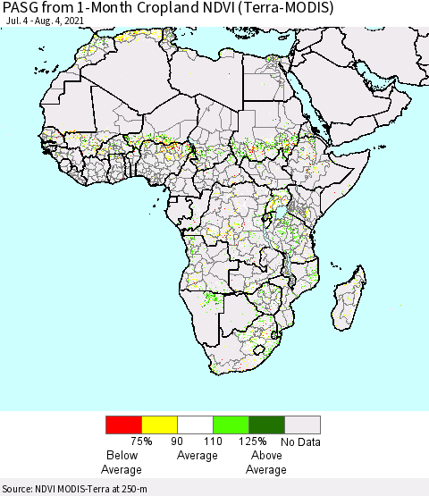 Africa PASG from 1-Month Cropland NDVI (Terra-MODIS) Thematic Map For 7/28/2021 - 8/4/2021
