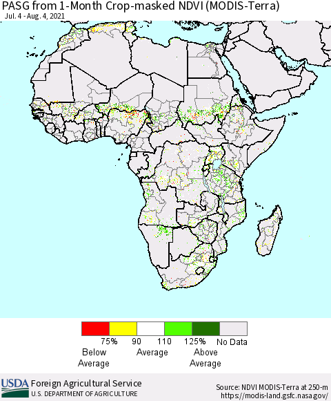 Africa PASG from 1-Month Cropland NDVI (Terra-MODIS) Thematic Map For 8/1/2021 - 8/10/2021