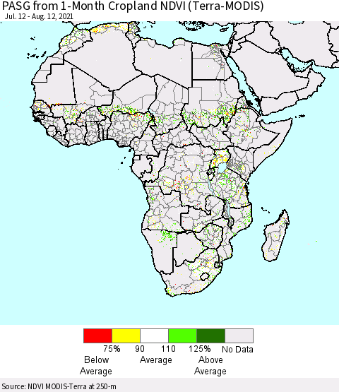 Africa PASG from 1-Month Cropland NDVI (Terra-MODIS) Thematic Map For 8/5/2021 - 8/12/2021