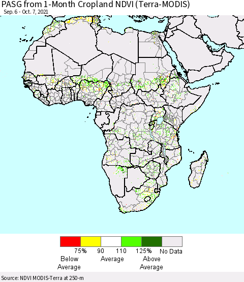 Africa PASG from 1-Month Cropland NDVI (Terra-MODIS) Thematic Map For 9/30/2021 - 10/7/2021