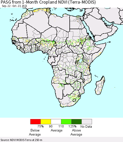 Africa PASG from 1-Month Cropland NDVI (Terra-MODIS) Thematic Map For 10/16/2021 - 10/23/2021