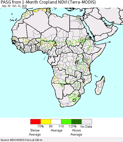 Africa PASG from 1-Month Cropland NDVI (Terra-MODIS) Thematic Map For 10/21/2021 - 10/31/2021