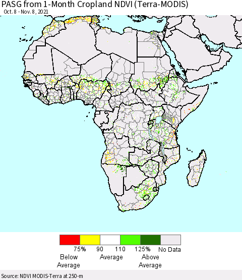 Africa PASG from 1-Month Cropland NDVI (Terra-MODIS) Thematic Map For 11/1/2021 - 11/8/2021