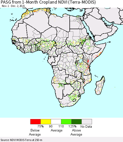 Africa PASG from 1-Month Cropland NDVI (Terra-MODIS) Thematic Map For 11/25/2021 - 12/2/2021