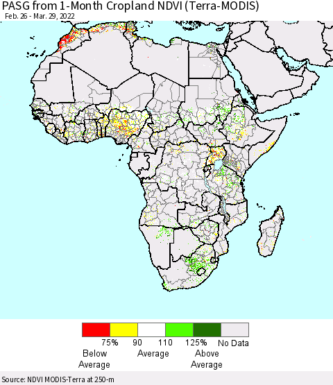 Africa PASG from 1-Month Cropland NDVI (Terra-MODIS) Thematic Map For 3/22/2022 - 3/29/2022