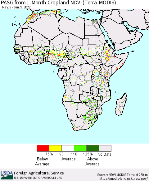 Africa PASG from 1-Month Cropland NDVI (Terra-MODIS) Thematic Map For 6/1/2022 - 6/10/2022