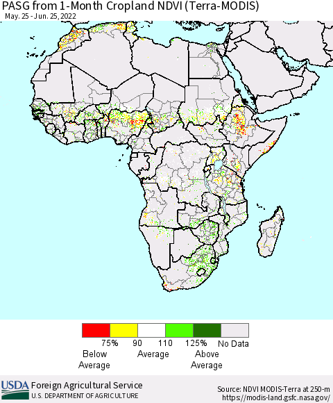 Africa PASG from 1-Month Cropland NDVI (Terra-MODIS) Thematic Map For 6/21/2022 - 6/30/2022