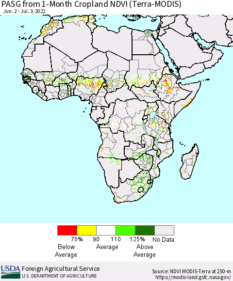Africa PASG from 1-Month Cropland NDVI (Terra-MODIS) Thematic Map For 7/1/2022 - 7/10/2022