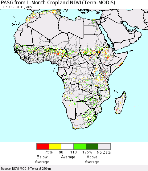 Africa PASG from 1-Month Cropland NDVI (Terra-MODIS) Thematic Map For 7/4/2022 - 7/11/2022