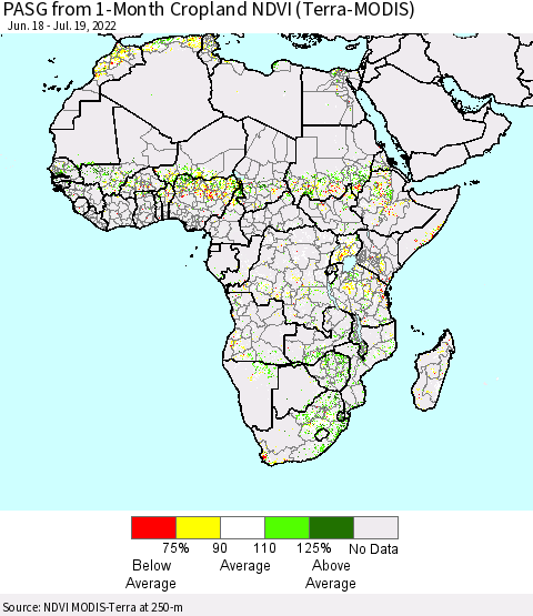 Africa PASG from 1-Month Cropland NDVI (Terra-MODIS) Thematic Map For 7/12/2022 - 7/19/2022