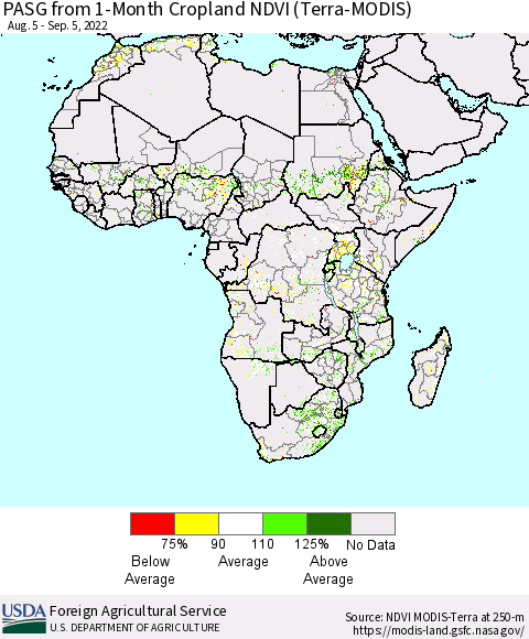Africa PASG from 1-Month Cropland NDVI (Terra-MODIS) Thematic Map For 9/1/2022 - 9/10/2022