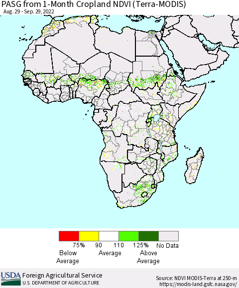 Africa PASG from 1-Month Cropland NDVI (Terra-MODIS) Thematic Map For 9/21/2022 - 9/30/2022