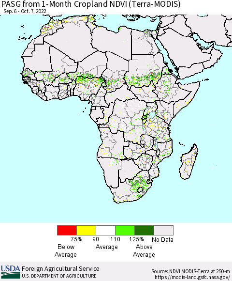 Africa PASG from 1-Month Cropland NDVI (Terra-MODIS) Thematic Map For 10/1/2022 - 10/10/2022