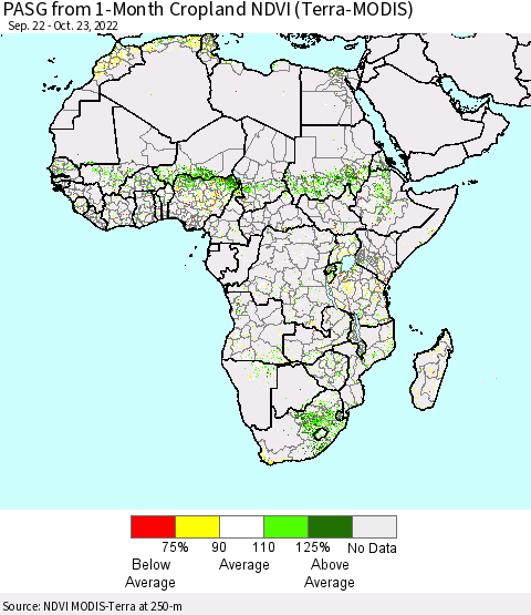 Africa PASG from 1-Month Cropland NDVI (Terra-MODIS) Thematic Map For 10/16/2022 - 10/23/2022