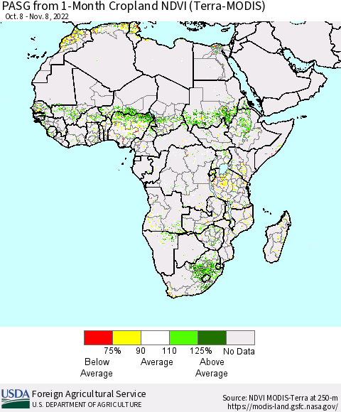 Africa PASG from 1-Month Cropland NDVI (Terra-MODIS) Thematic Map For 11/1/2022 - 11/10/2022